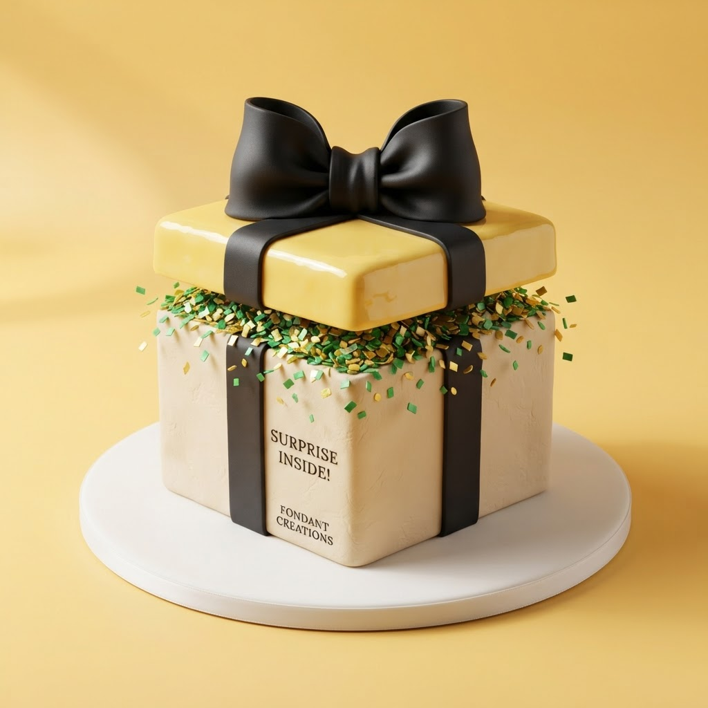 Fondant gift box with a black bow spilling green and gold confetti